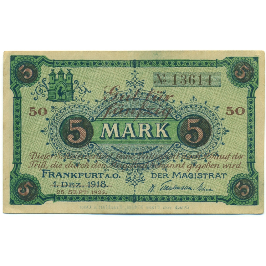 Банкнота 50 марок 1922 года Германия — Франкфурт-на-Одере (Нотгельд) (Надпечатка на 5 марках 1918 года)