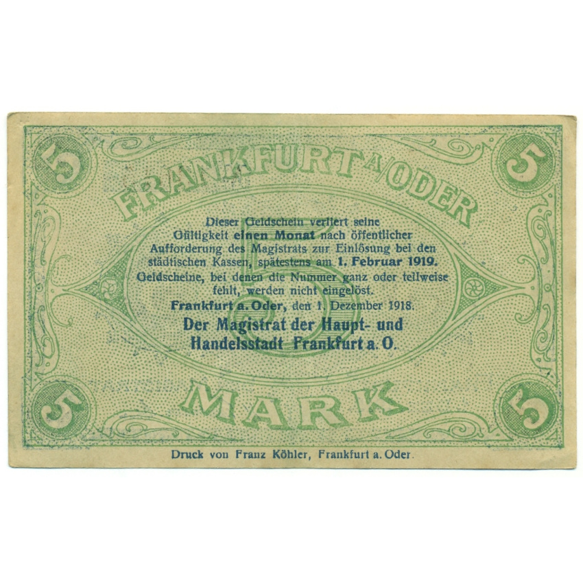 Банкнота 50 марок 1922 года Германия — Франкфурт-на-Одере (Нотгельд) (Надпечатка на 5 марках 1918 года) (вид 2)