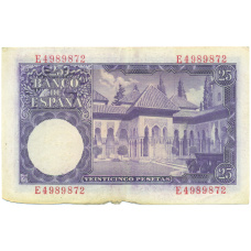 Банкнота 25 песет 1954 года Испания (вид 2)