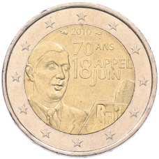 Монета 2 евро 2010 года Франция «70 лет речи Шарля де Голля Ко всем французам» (аверс)