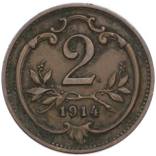 Монета 2 геллера 1914 года Австрия (аверс)