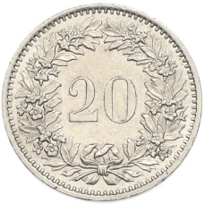 Монета 20 раппенов 1976 года Швейцария (реверс)