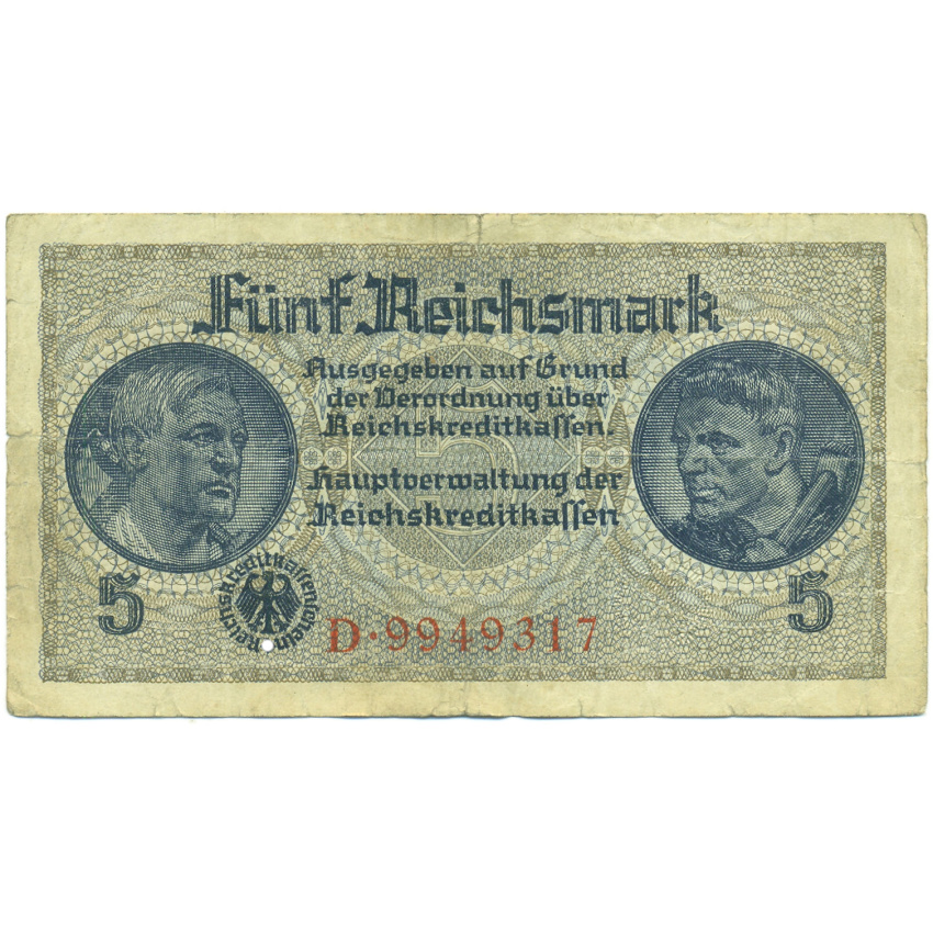 Банкнота 5 рейхсмарок 1940 года Германия (Для оккупированных территорий)
