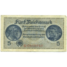 Банкнота 5 рейхсмарок 1940 года Германия (Для оккупированных территорий)