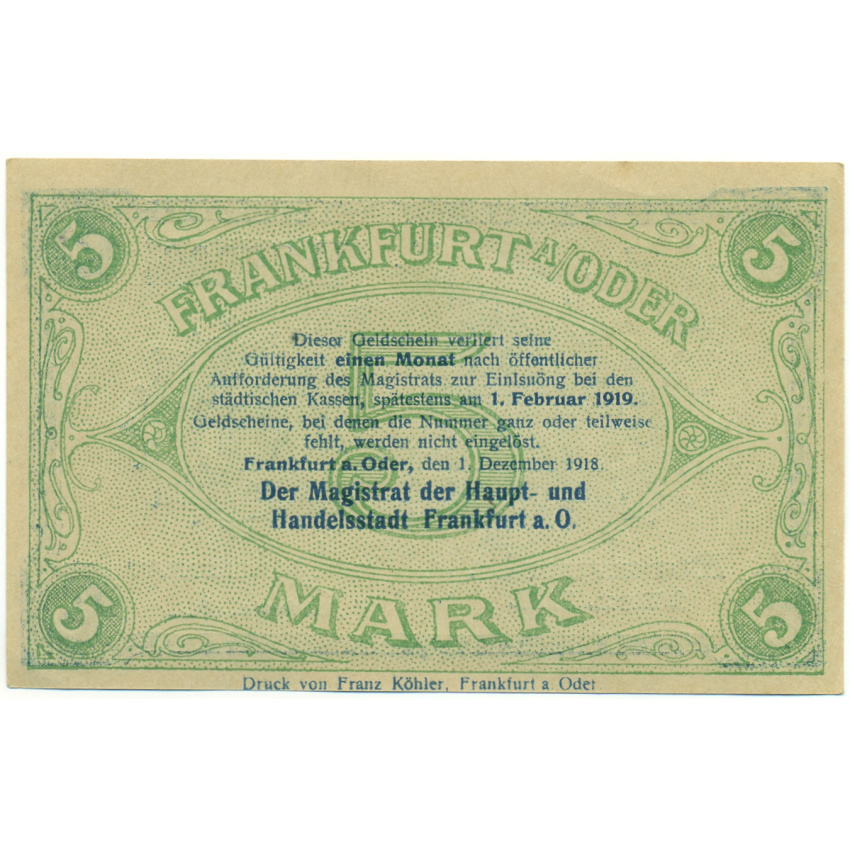 Банкнота 5 марок 1918 года Германия — город Франкфурт-на-Одере (Нотгельд) (вид 2)