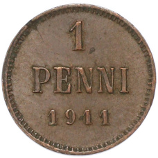 Монета 1 пенни 1911 года Русская Финляндия (аверс)
