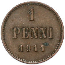 Монета 1 пенни 1911 года Русская Финляндия (аверс)