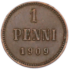Монета 1 пенни 1909 года Русская Финляндия (аверс)