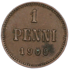 Монета 1 пенни 1909 года Русская Финляндия (аверс)