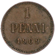 Монета 1 пенни 1909 года Русская Финляндия (аверс)
