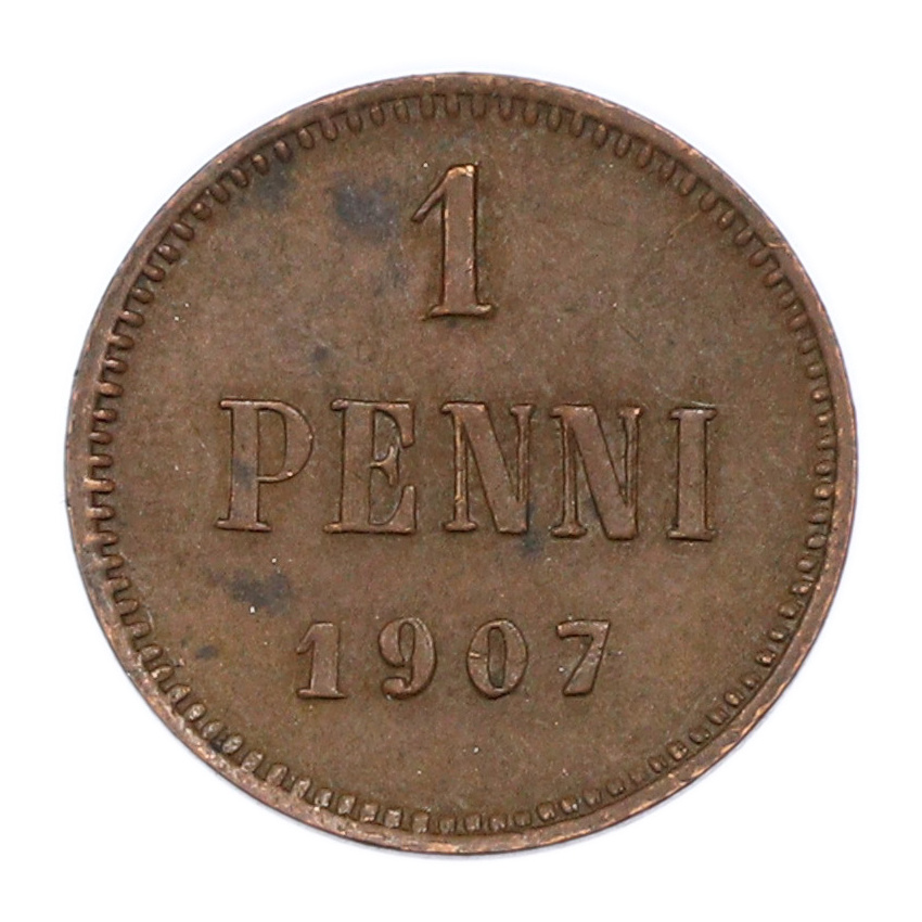 Монета 1 пенни 1907 года Русская Финляндия