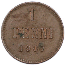 Монета 1 пенни 1907 года Русская Финляндия (аверс)