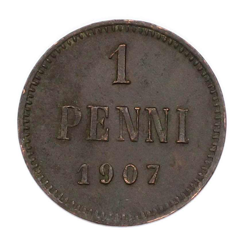 Монета 1 пенни 1907 года Русская Финляндия