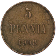 Монета 5 пенни 1908 года Русская Финляндия (аверс)