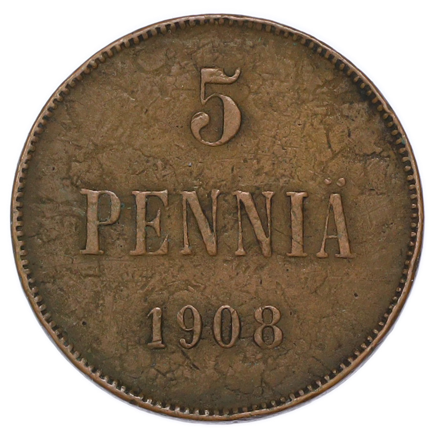 Монета 5 пенни 1908 года Русская Финляндия