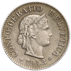Монета 5 раппенов 1943 года Швейцария (аверс)