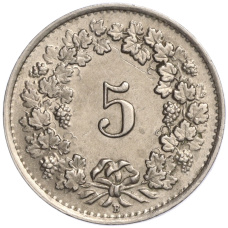Монета 5 раппенов 1943 года Швейцария (реверс)