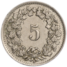 Монета 5 раппенов 1944 года Швейцария (реверс)