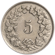 Монета 5 раппенов 1944 года Швейцария (реверс)