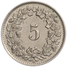 Монета 5 раппенов 1944 года Швейцария (реверс)