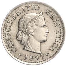 Монета 5 раппенов 1947 года Швейцария (аверс)