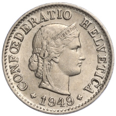 Монета 5 раппенов 1949 года Швейцария (аверс)