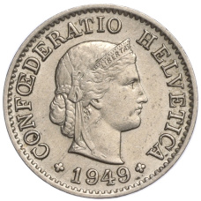 Монета 5 раппенов 1949 года Швейцария (аверс)