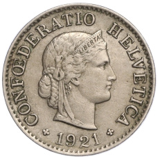 Монета 5 раппенов 1921 года Швейцария (аверс)