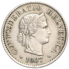Монета 5 раппенов 1907 года Швейцария (аверс)