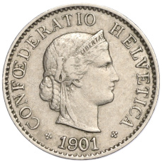 Монета 5 раппенов 1901 года Швейцария (аверс)