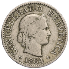 Монета 5 раппенов 1884 года Швейцария (аверс)