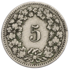 Монета 5 раппенов 1888 года Швейцария (реверс)