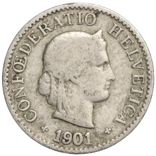Монета 5 раппенов 1901 года Швейцария (аверс)