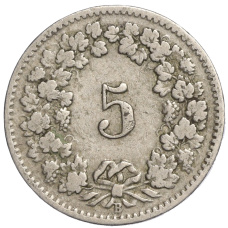 Монета 5 раппенов 1901 года Швейцария (реверс)