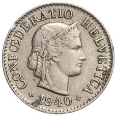 Монета 5 раппенов 1940 года Швейцария (аверс)