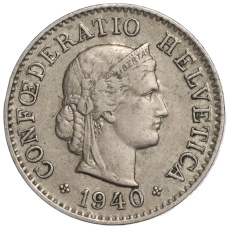 Монета 5 раппенов 1940 года Швейцария (аверс)