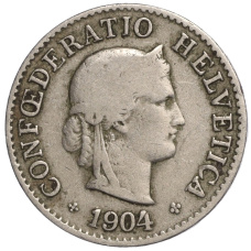 Монета 5 раппенов 1904 года Швейцария (аверс)