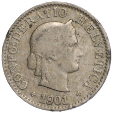 Монета 5 раппенов 1901 года Швейцария (аверс)