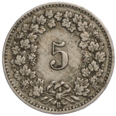 Монета 5 раппенов 1901 года Швейцария (реверс)