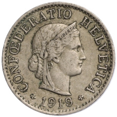 Монета 5 раппенов 1919 года Швейцария (аверс)