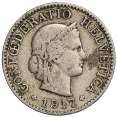 Монета 5 раппенов 1917 года Швейцария (аверс)
