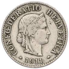 Монета 5 раппенов 1911 года Швейцария (аверс)