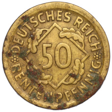 Монета 50 рентенпфеннигов 1924 года D Германия (реверс)