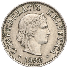 Монета 5 раппенов 1928 года Швейцария (аверс)