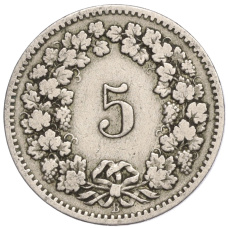Монета 5 раппенов 1885 года Швейцария (реверс)