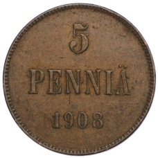 Монета 5 пенни 1908 года Русская Финляндия (аверс)