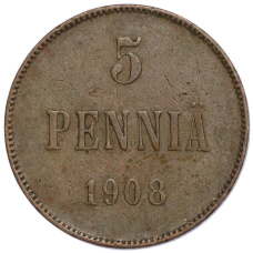 Монета 5 пенни 1908 года Русская Финляндия (аверс)