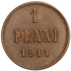 Монета 1 пенни 1911 года Русская Финляндия (аверс)