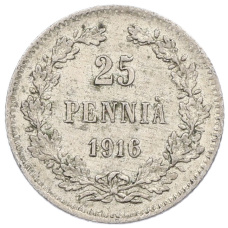 Монета 25 пенни 1916 года Русская Финляндия (аверс)